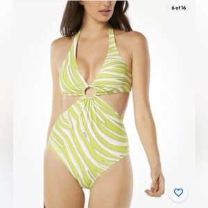 Michael Kors Women's Printed O-Ring One Piece Swimsuit‎ - Cutout Lime Zebra SZ 6